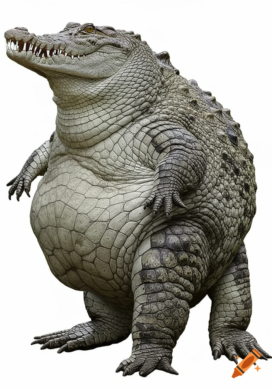 A photorealistic image of a very morbidly obese crocodile standing upright on a white background.