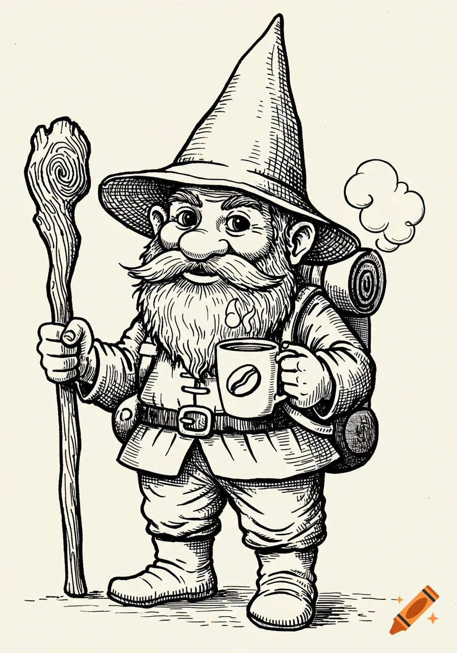 Black and white line drawing of a gnome holding a hiking staff and a ...