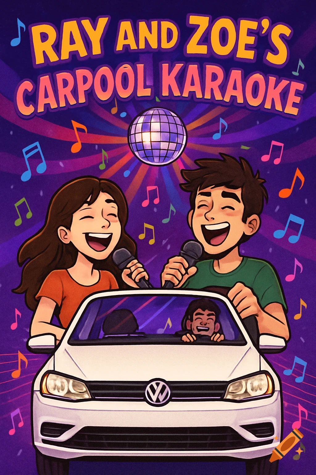 Cartoon of a girl and boy singing karaoke in a white car, with music notes and a disco ball.