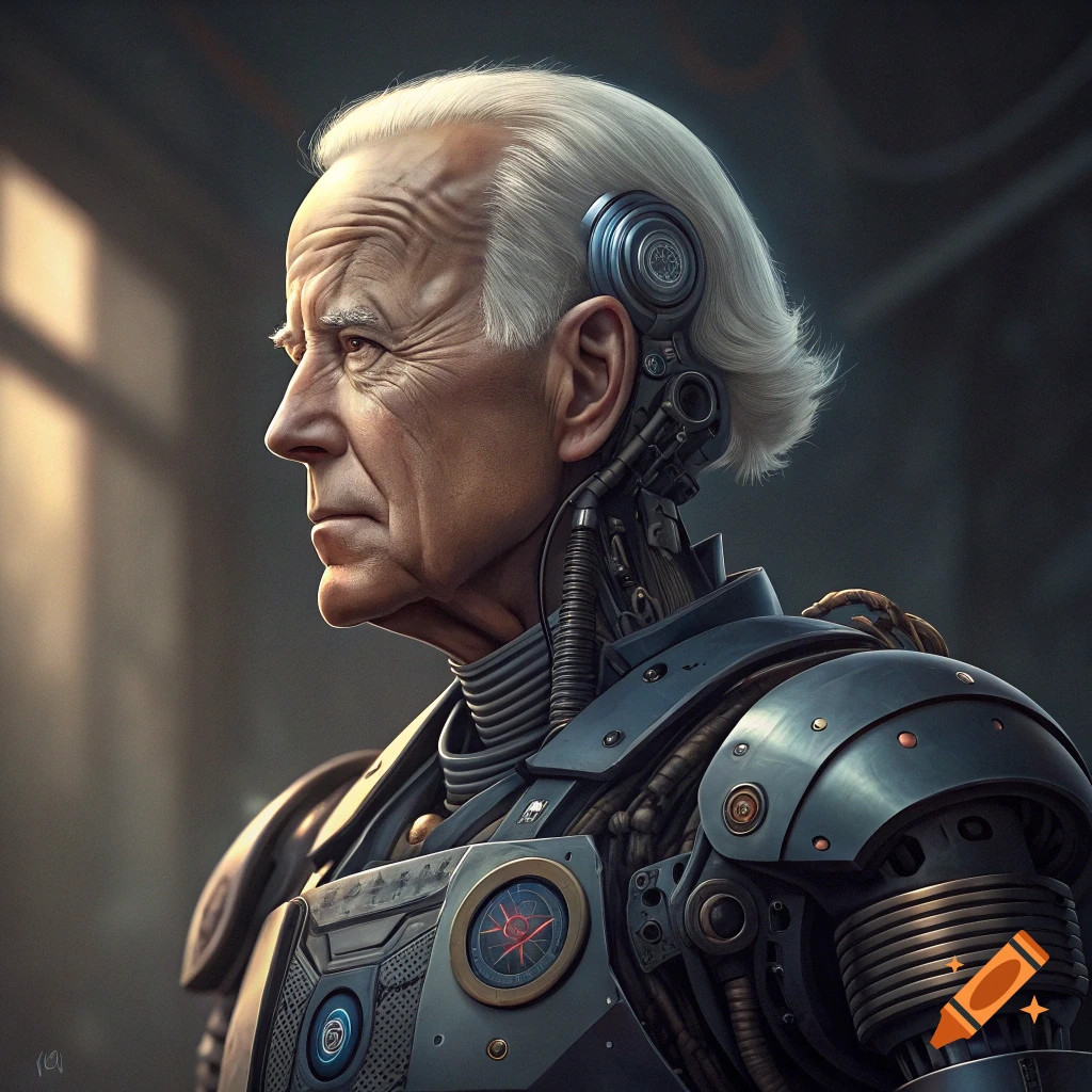 Profile view of a robotic Joe Biden in detailed sci-fi armor