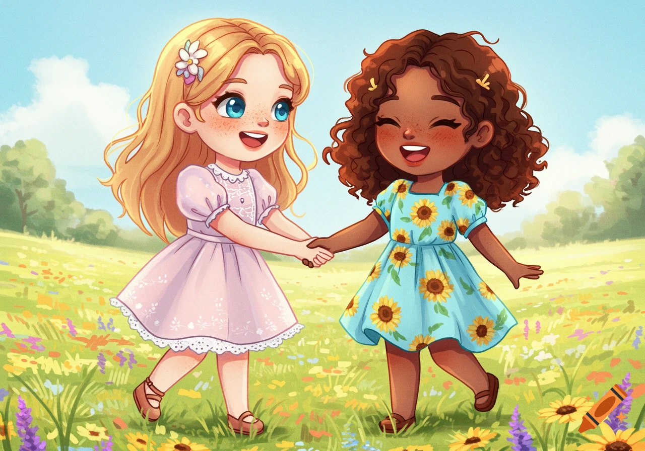 Two cute cartoon girls holding hands in a field of wildflowers.