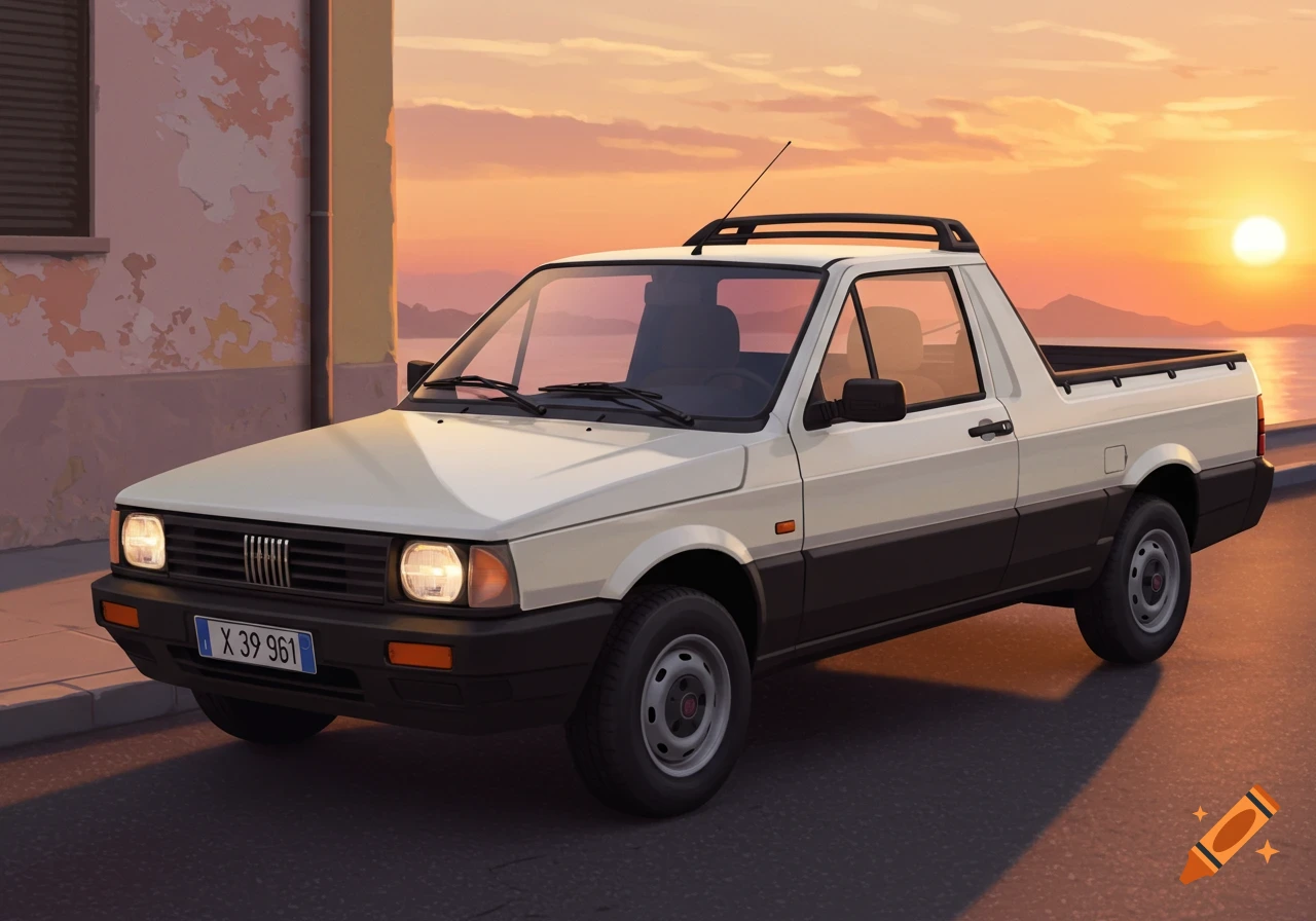 White and black Fiat pickup truck parked on a street at sunset, illustration style.