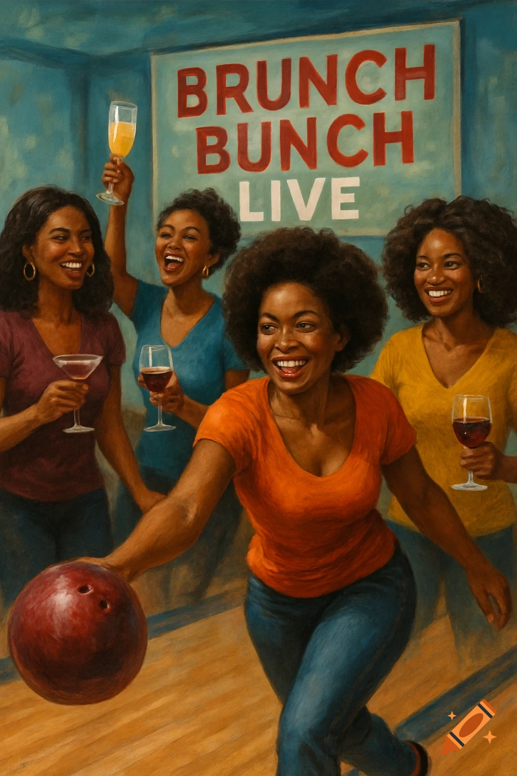 Painting of four women bowling, drinking, and laughing with a sign overhead.