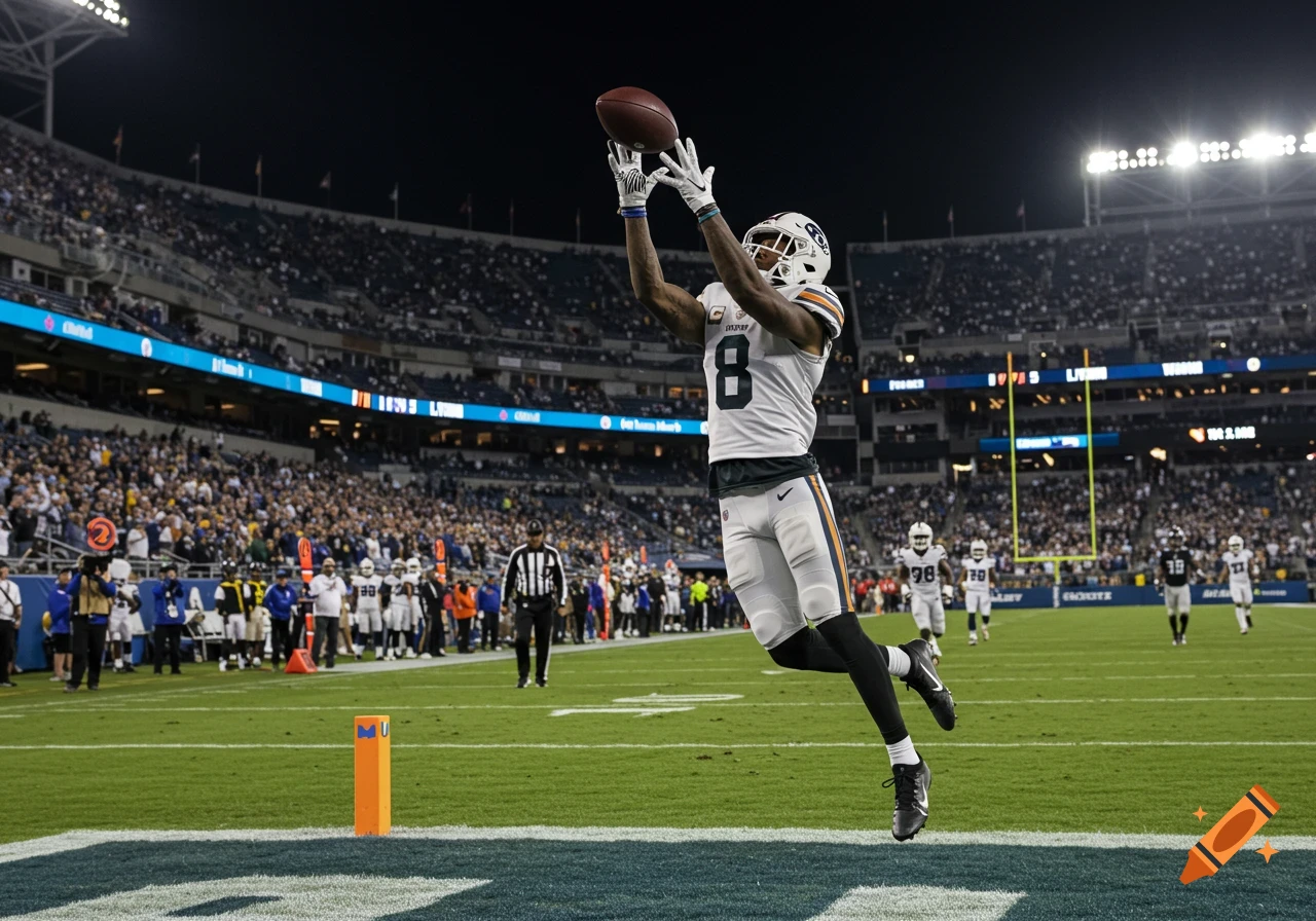 An NFL player in a white jersey jumps to catch a football during a night game.