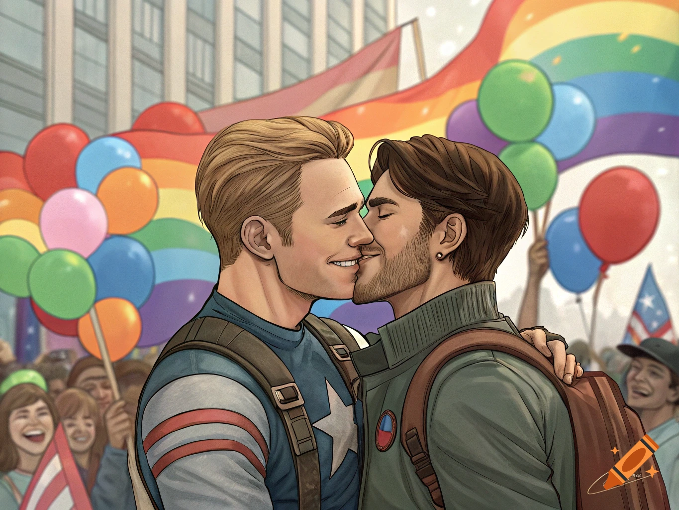 Cartoon image of Steve Rogers and Bucky Barnes kissing at a Pride event.