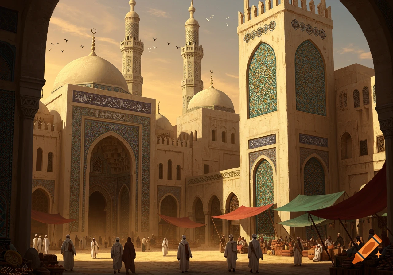 A bustling market square with people walking between stalls, framed by large buildings with domes, minarets, and arched entrances in a Middle Eastern architectural style.