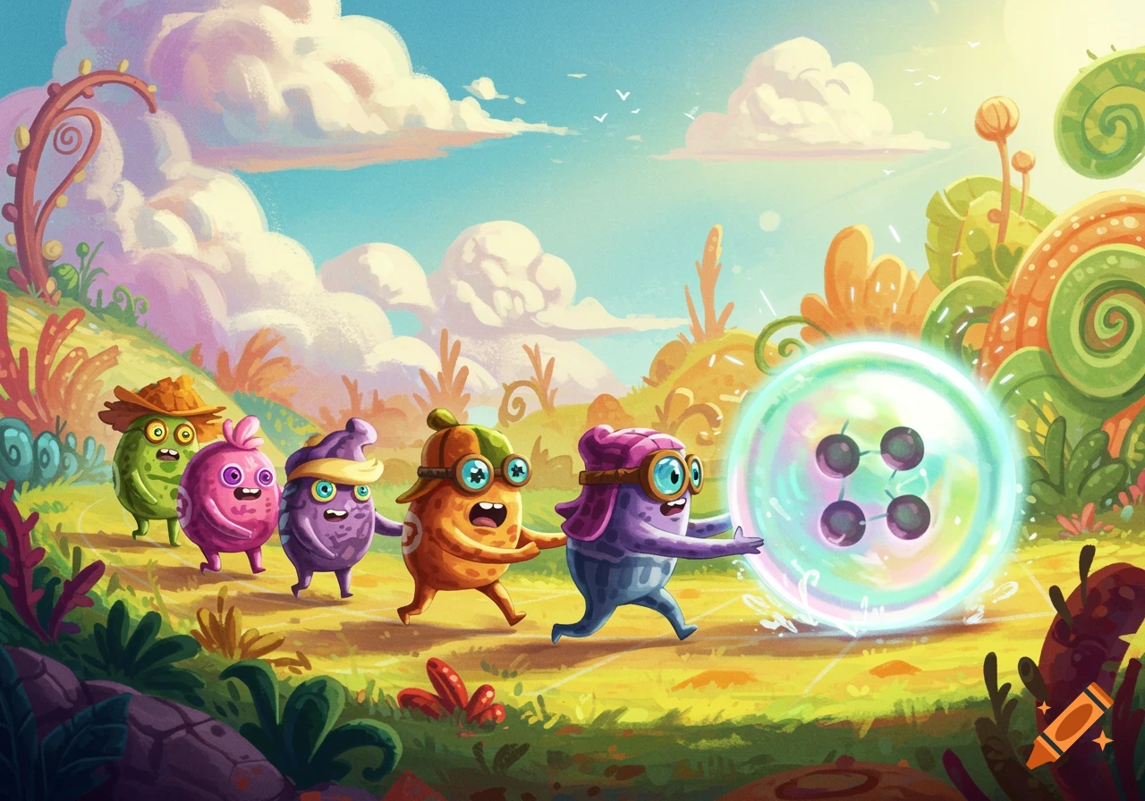 Cute colorful monsters run a relay race with a giant button in a ...