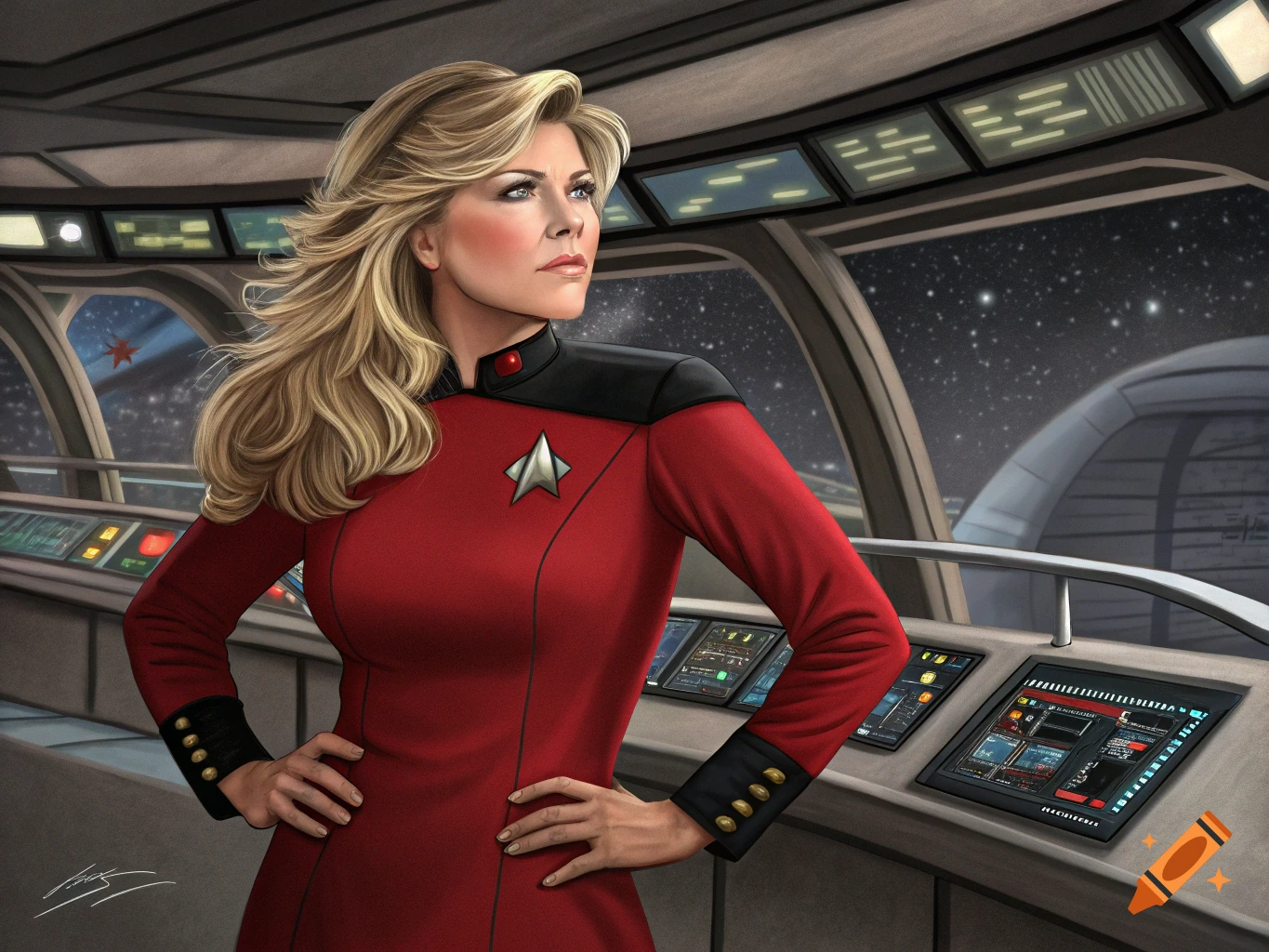 Woman in Star Trek uniform on spaceship bridge looking out window