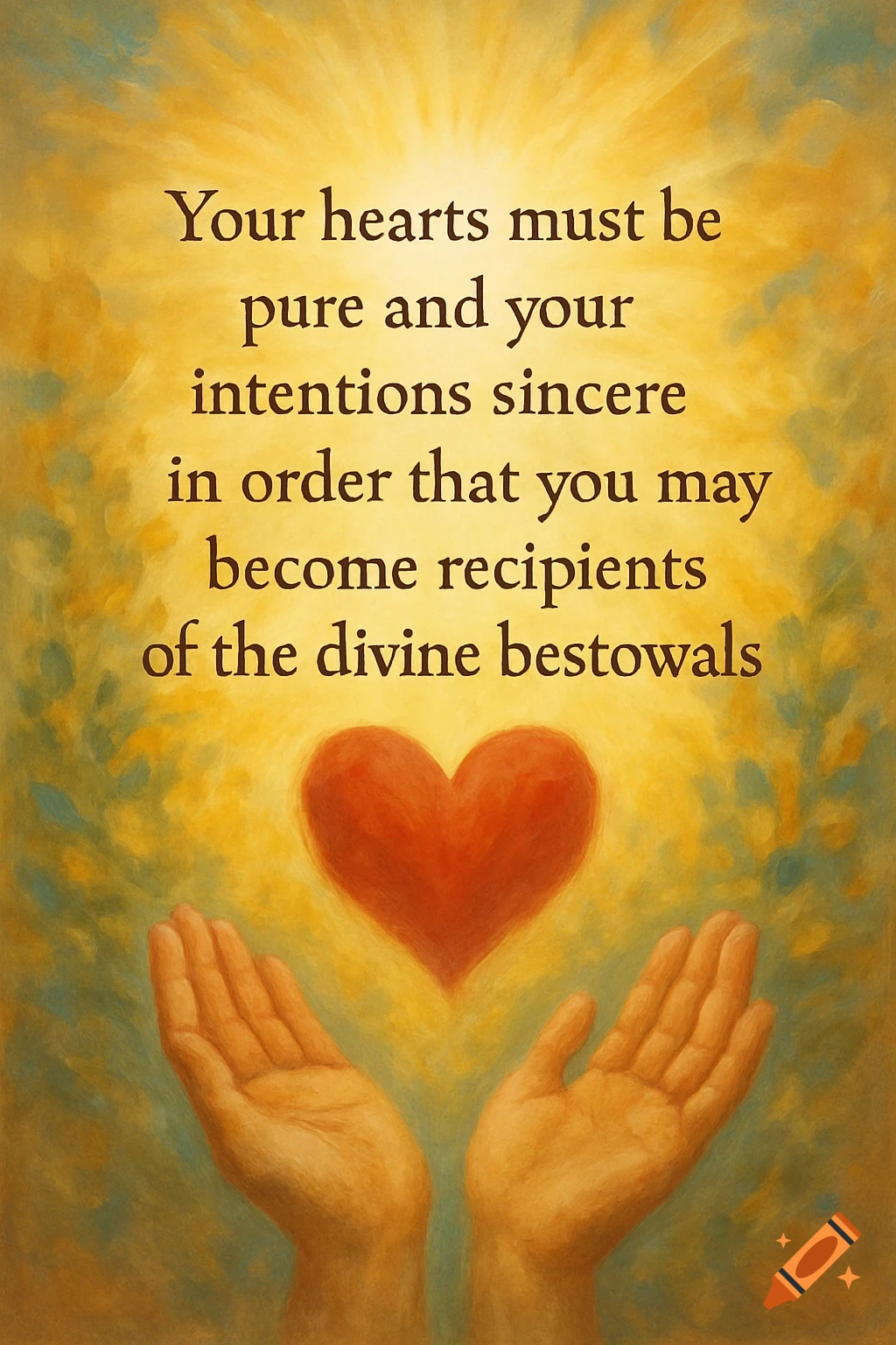 Hands cupping under a red heart with glowing light and an inspirational quote.