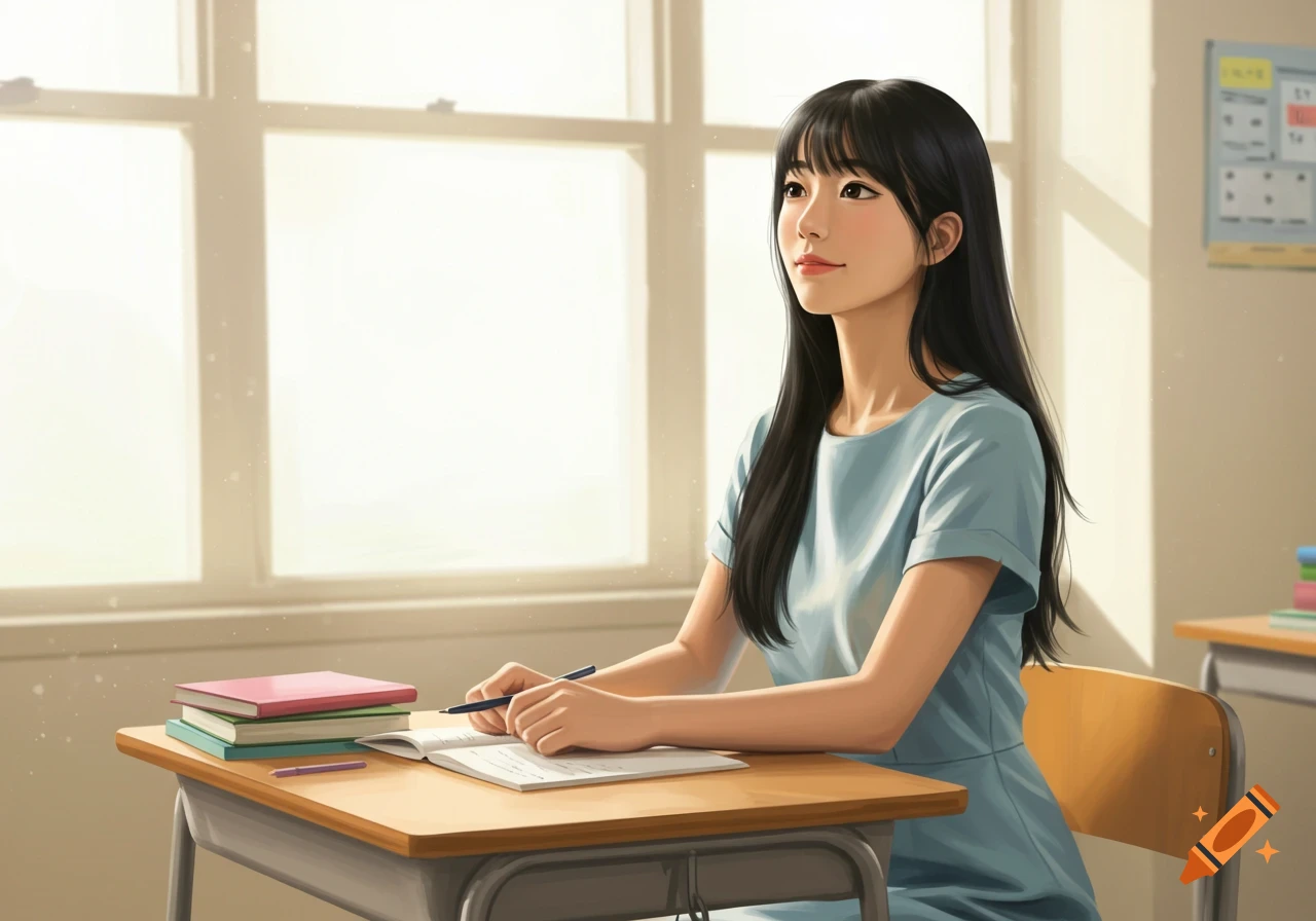 An illustration of a young woman sitting at a desk in a sunny classroom, writing in a notebook.