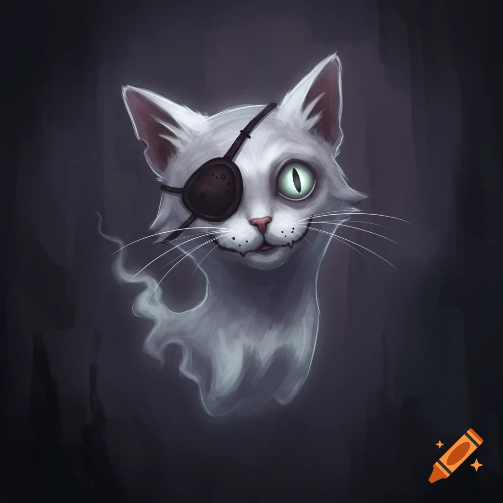 Illustration of a white ghost cat wearing a pirate eyepatch