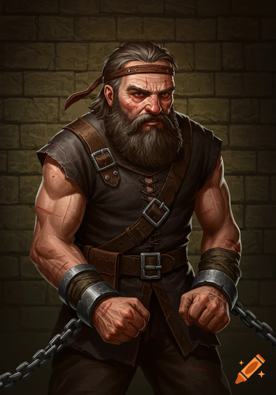 A fantasy art portrait of a rugged old male character with a beard, headband, scars, and shackles, against a stone wall.