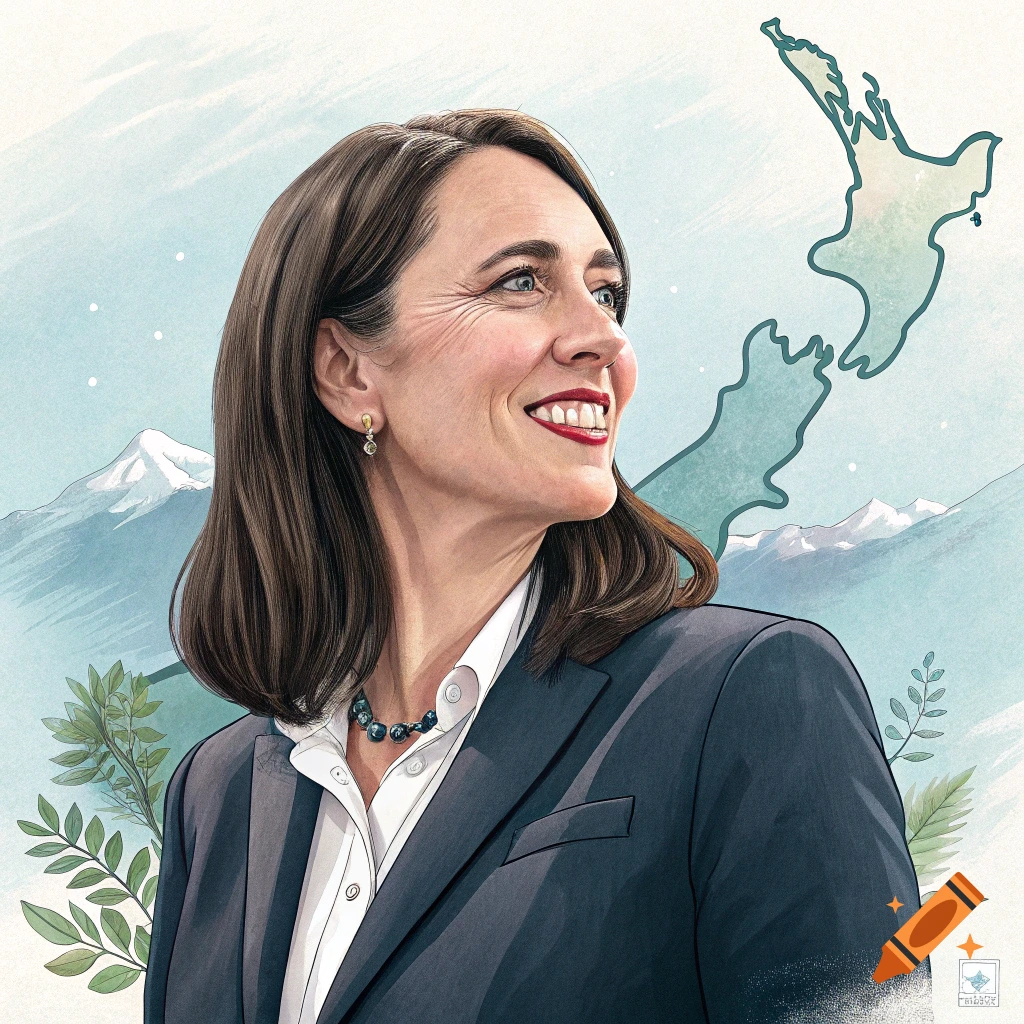 Illustration of a woman in a suit smiling, with a map of New Zealand and mountains in the background.