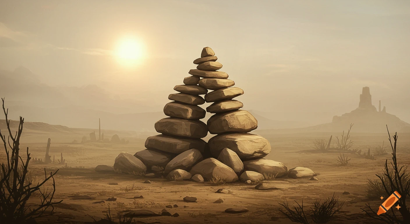Painterly image of a rock cairn in a dusty desert landscape at sunset.