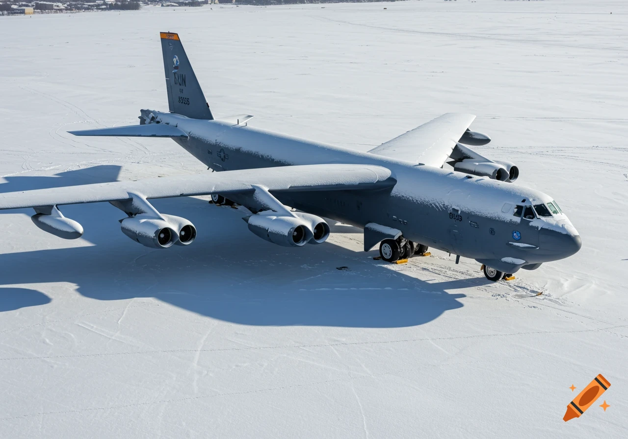 A USAF B-52 bomber aircraft covered in snow on a snowy airfield.