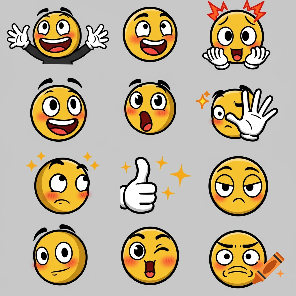 A grid of cartoon yellow circle emotes with various facial expressions and gestures, including happy, surprised, angry, and thumbs up.