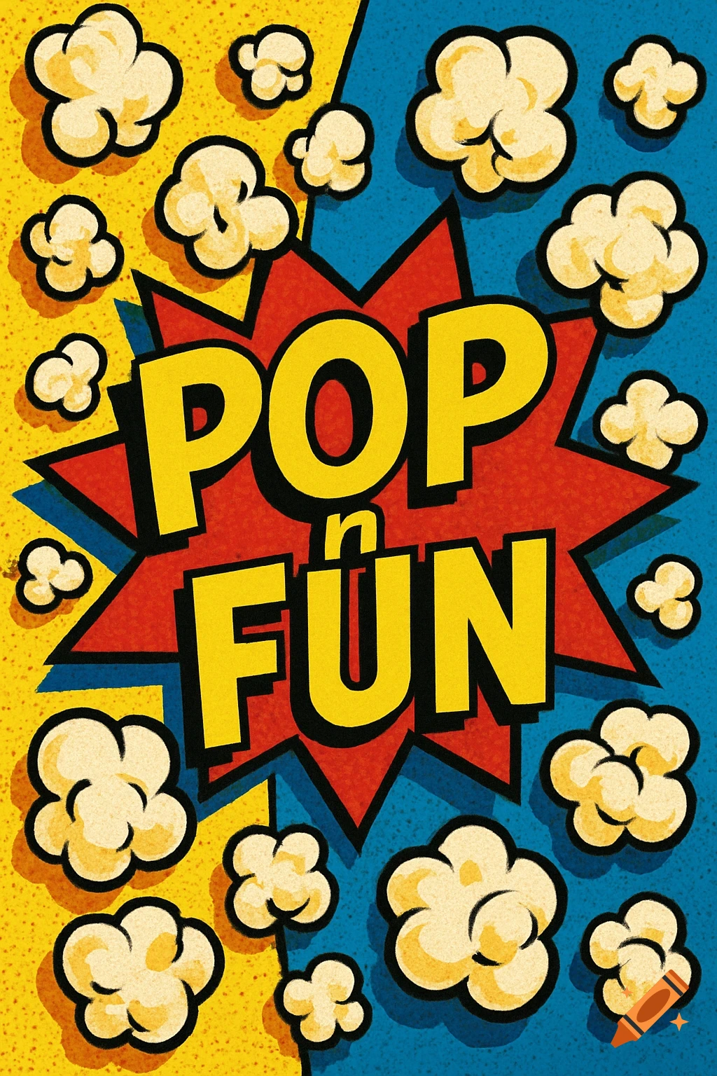 Pop art illustration with popcorn and the text 'POP n FUN' on a red starburst background.