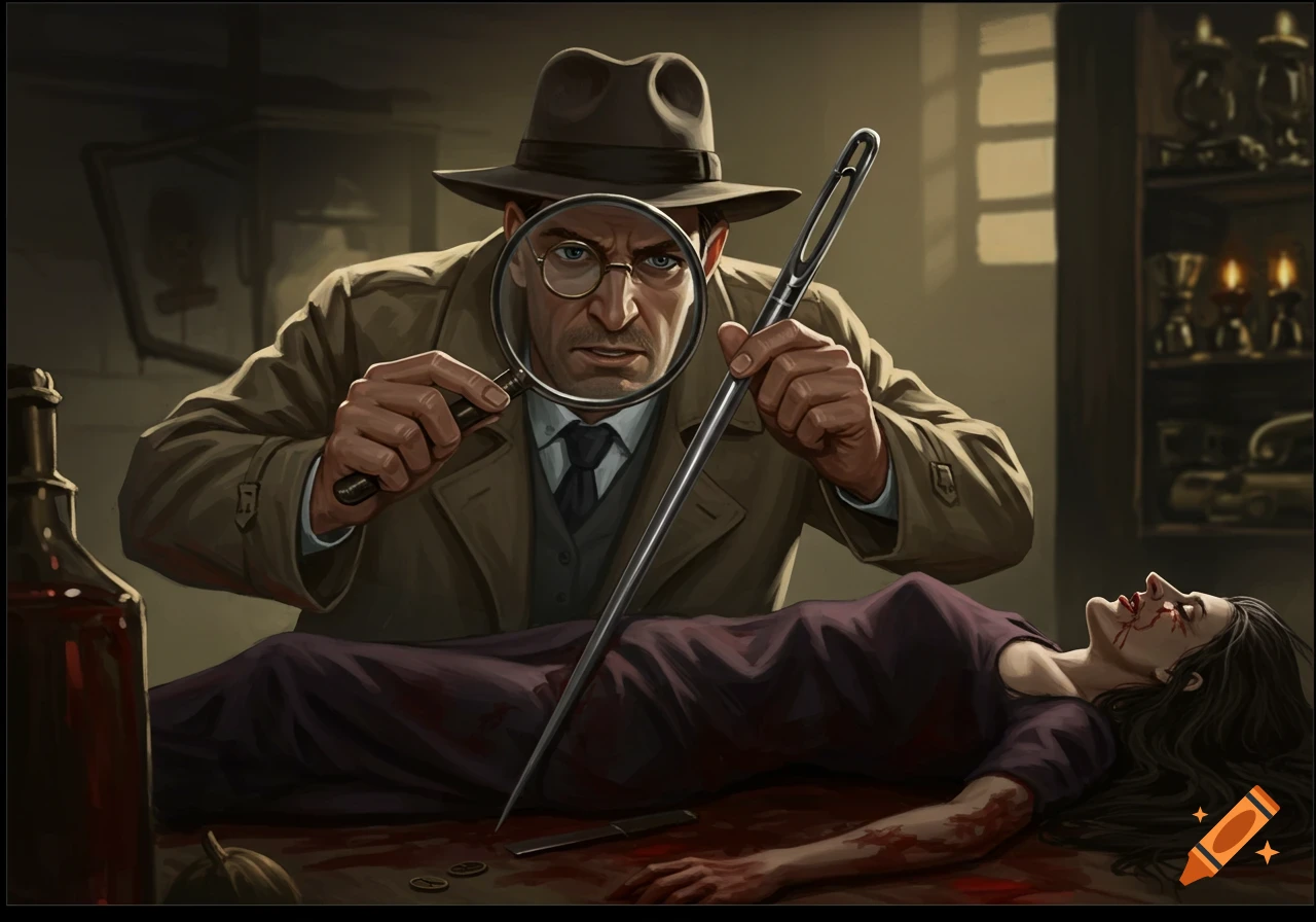 Stylized illustration of a detective examining a body with a magnifying glass and a needle
