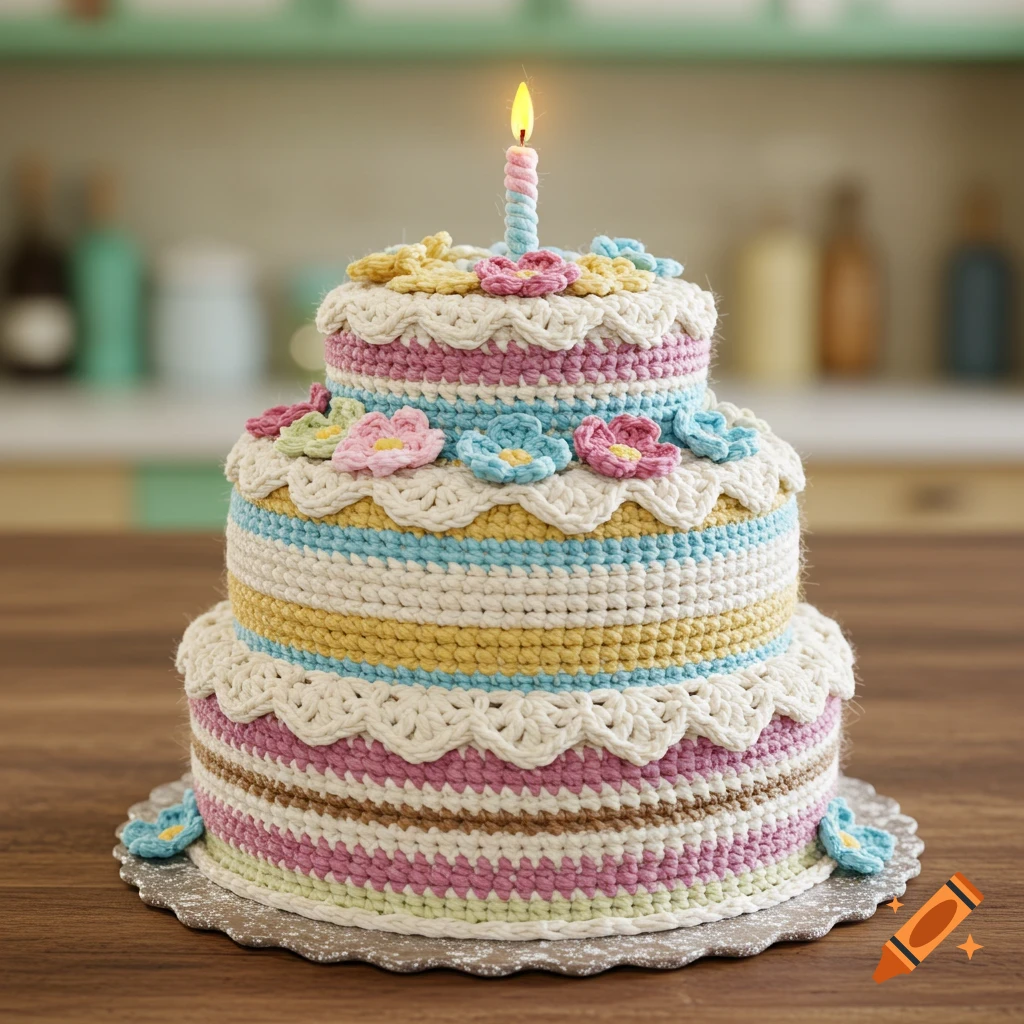 Crocheted three-tier birthday cake with flowers and a lit candle