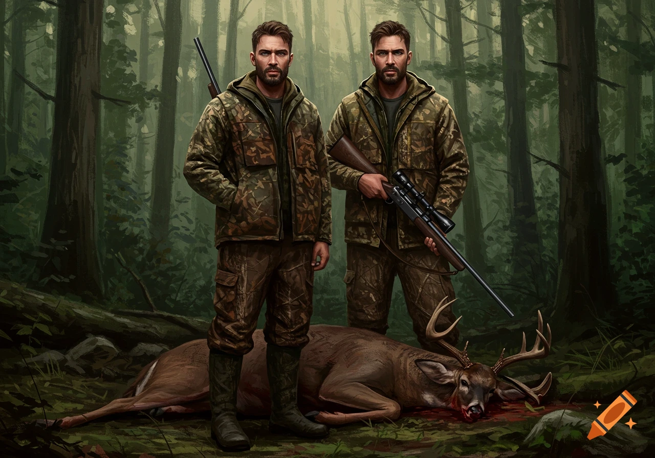 Two men in camouflage standing over a dead deer in a forest.