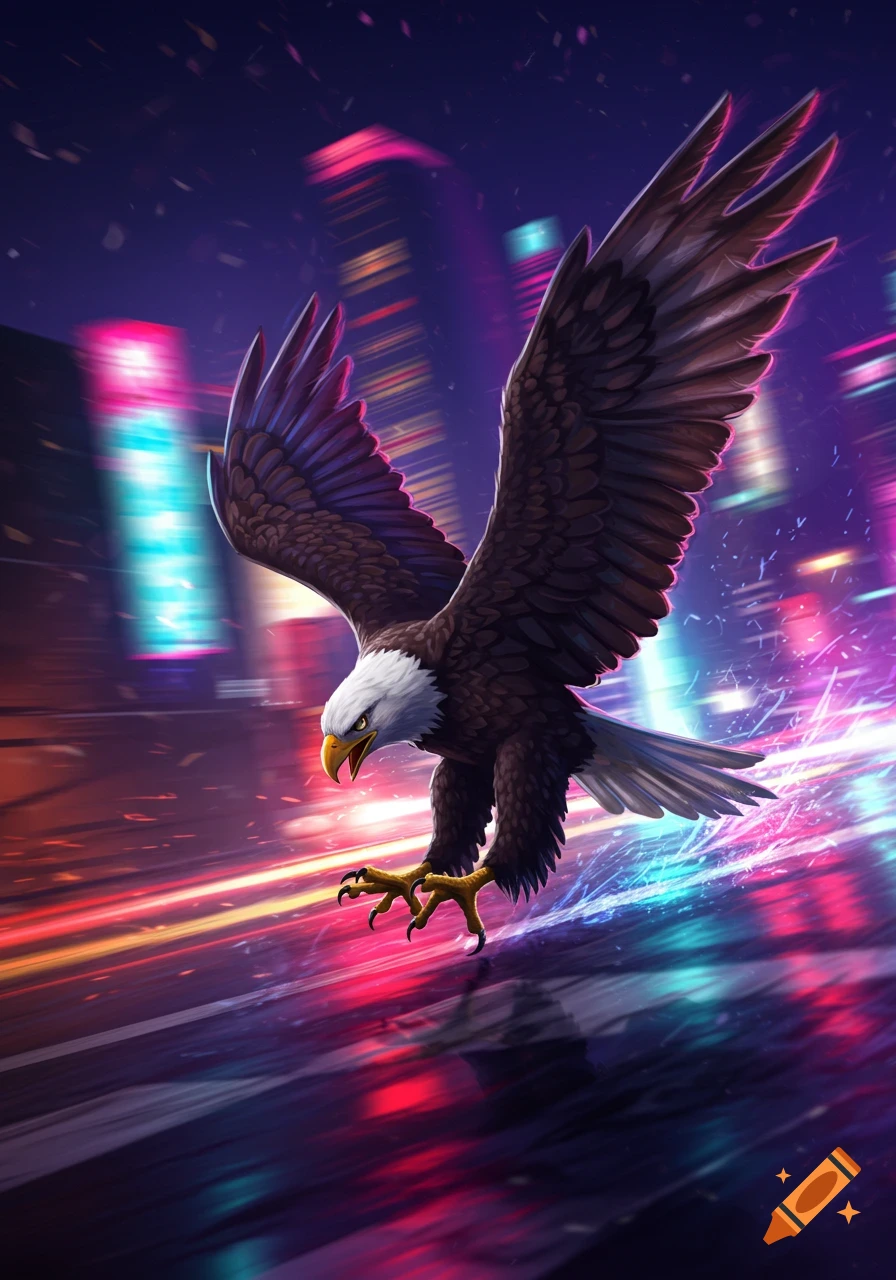 Bald eagle flies low over neon-lit city street at night, digital art.