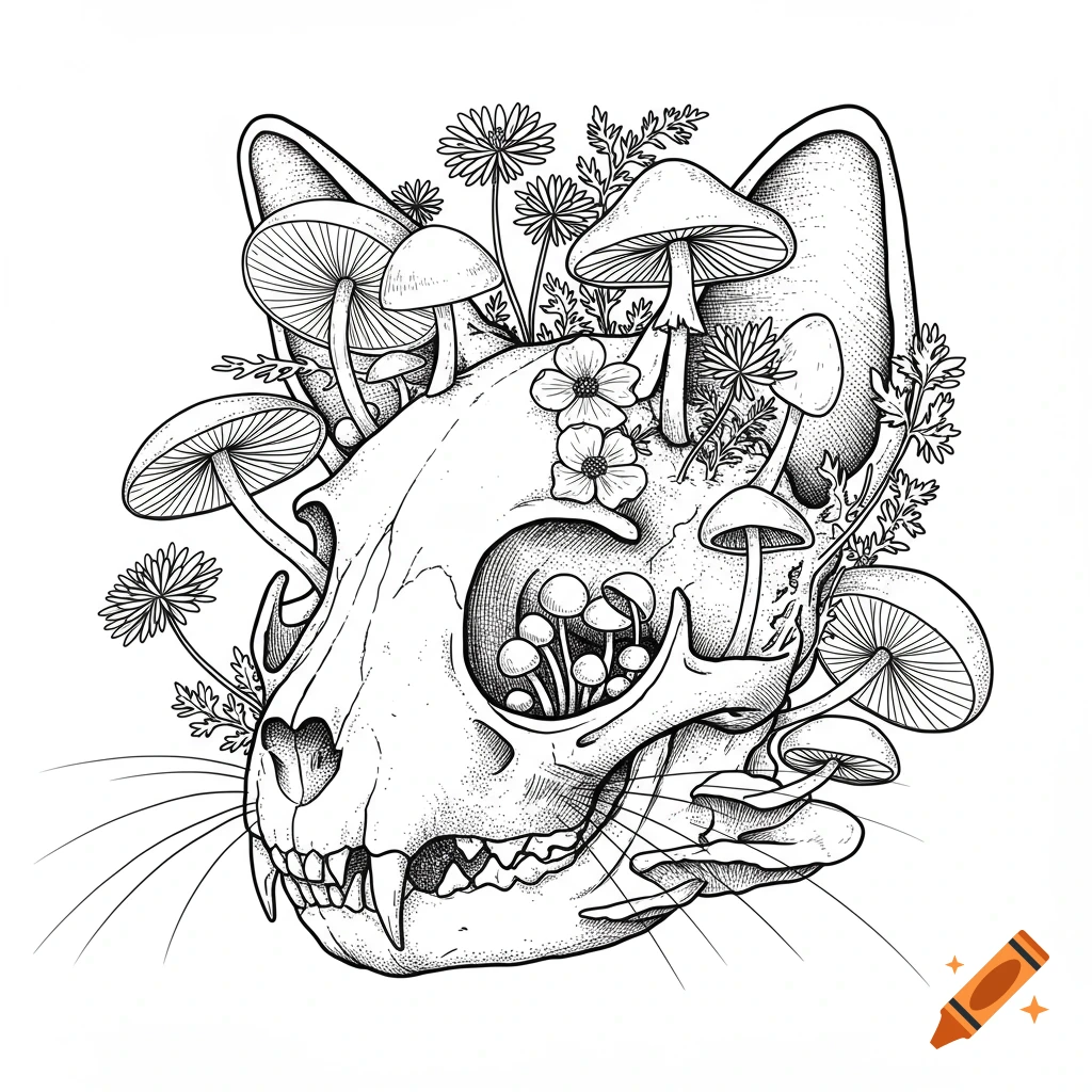 Line art illustration of a cat skull overgrown with mushrooms and flowers.