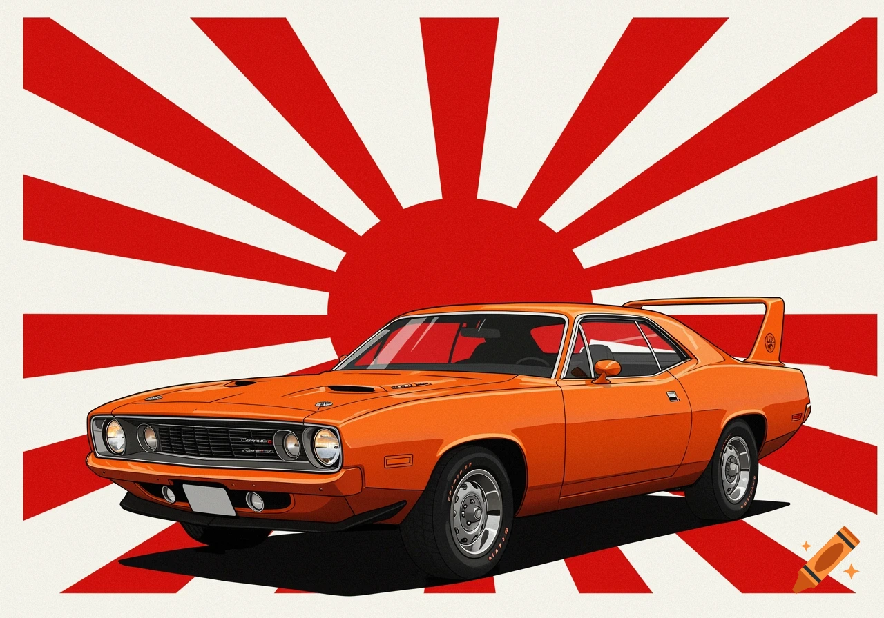 Orange classic car illustration against a red and white Japanese Rising Sun flag background.