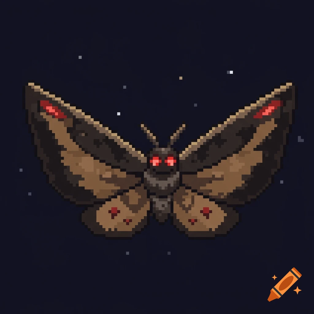 Pixel art moth with red eyes on a dark background with stars.