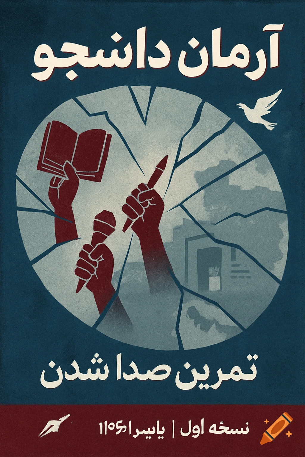 Poster illustration of hands holding a book, microphone, and pen within a broken mirror, with Persian text.