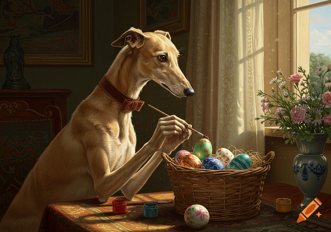 Victorian painting of a greyhound painting Easter eggs
