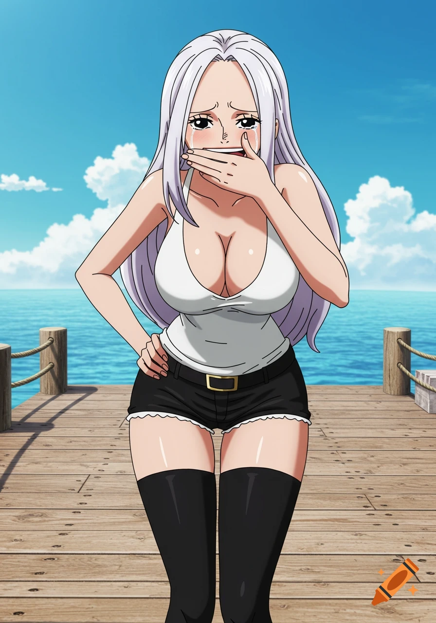 Anime character with white hair, white tank top, black shorts, and thigh-highs crying on a pier by the sea.