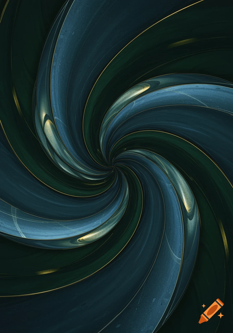 Abstract swirling pattern in dark blue, green, and gold.