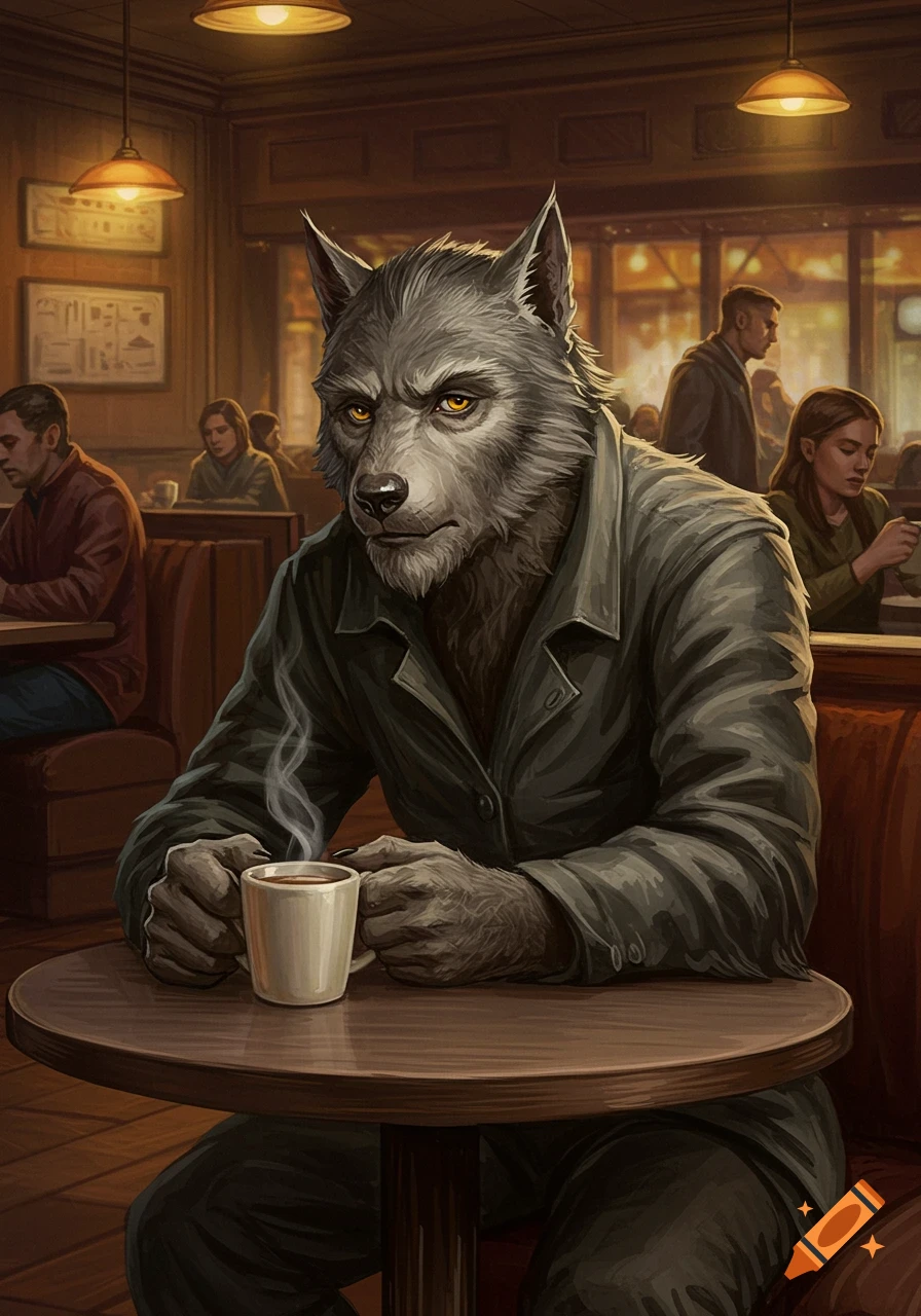 A werewolf sits at a table in a coffee shop, holding a mug.
