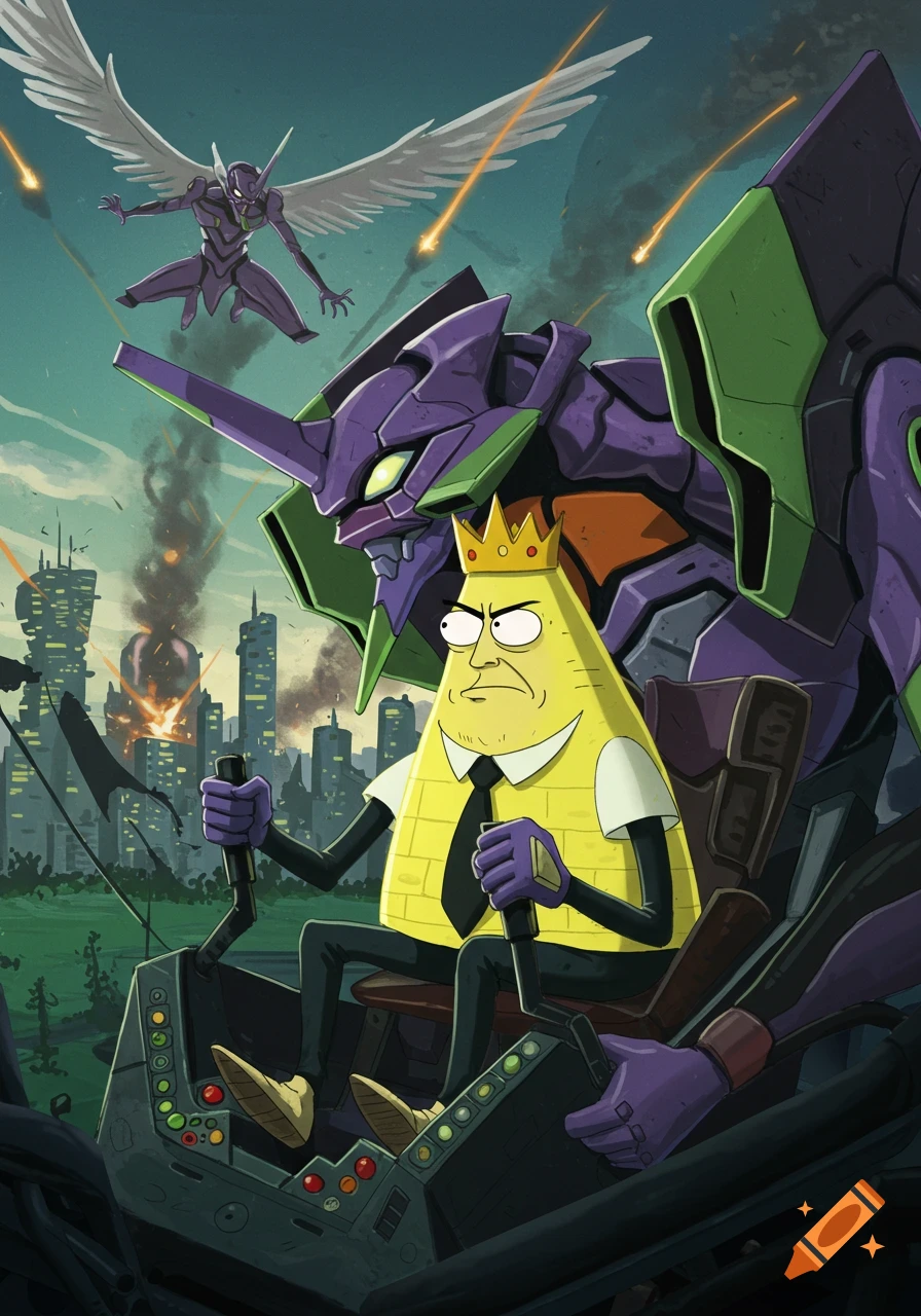 Bill Dauterive from King of the Hill pilots an Evangelion unit as another attacks above a city.