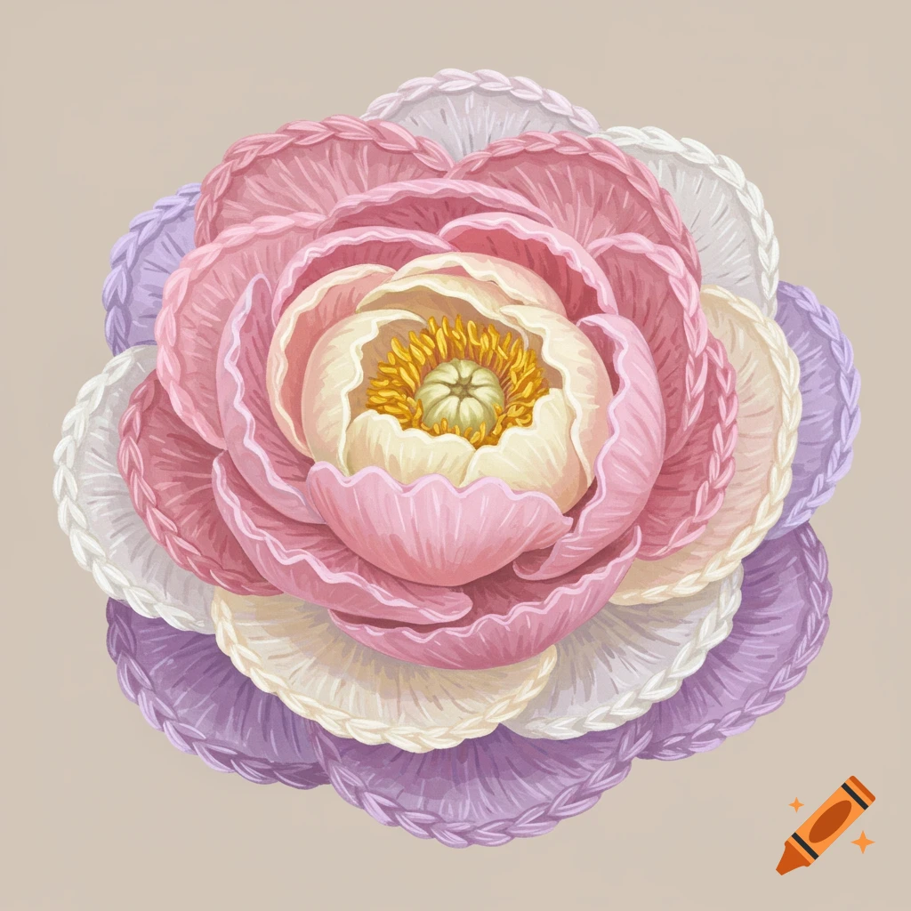 Illustration of a crochet peony flower with pink, white, and purple petals