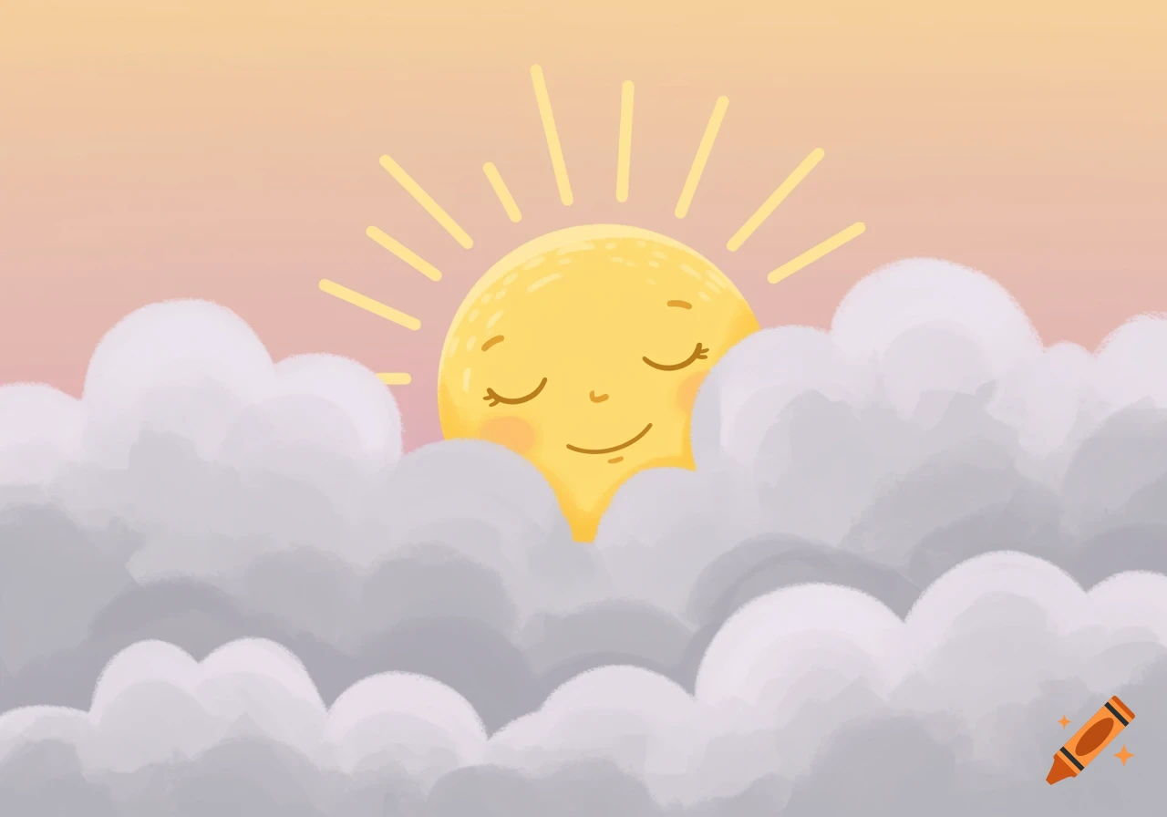 A cartoon illustration of a sleepy sun peeking through gray clouds.