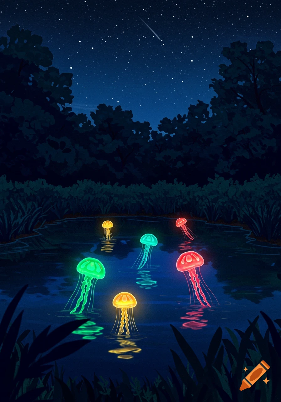 Colorful glowing jellyfish swim in a dark pond under a starry night sky.