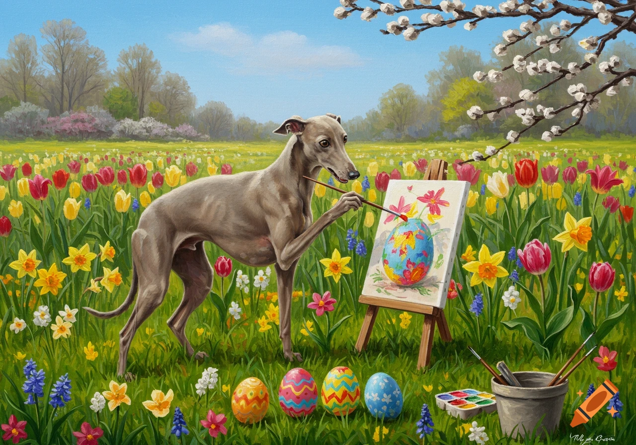 A greyhound paints an Easter egg on an easel in a field of colorful flowers with painted eggs nearby.