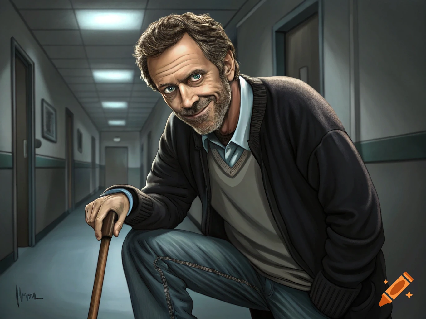 Illustration of Dr. House in a hospital hallway, leaning on his cane and smiling.