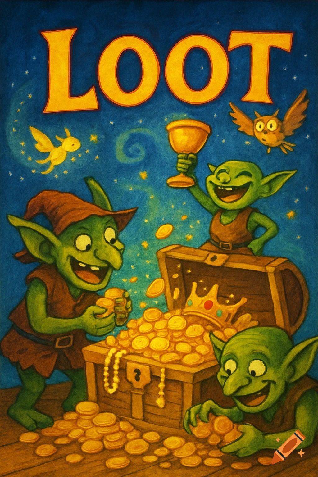 Illustration of three cartoon goblins with a chest overflowing with gold coins and jewelry under the word "LOOT".