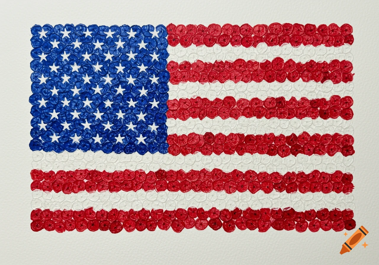 American flag made of red, white, and blue hand-drawn flowers