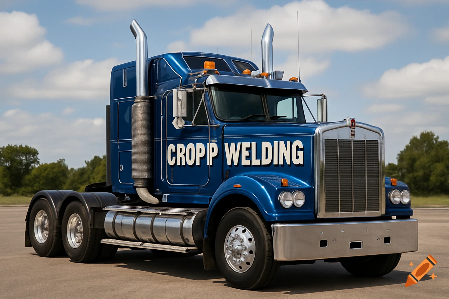A blue Kenworth semi-truck with 'CROPP WELDING' on the side, parked outside.
