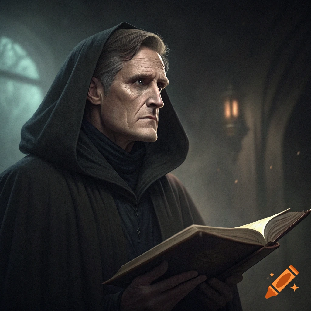Portrait of a robed figure holding a book in a dark, mysterious setting.