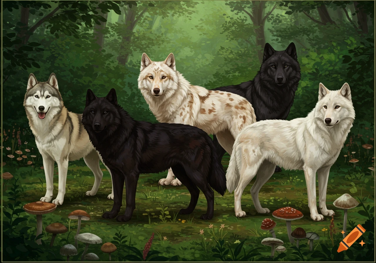 Five wolves of different colors stand in a forest clearing with mushrooms.