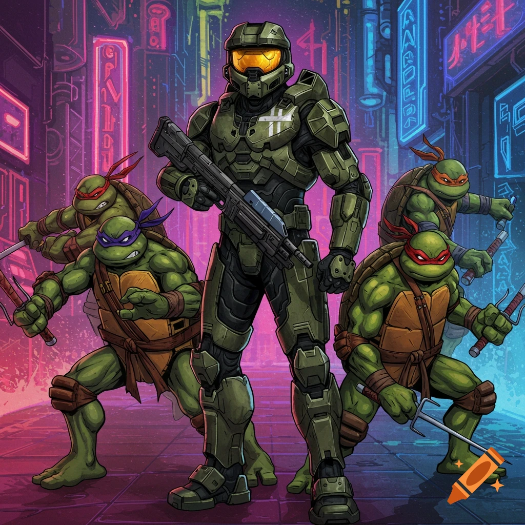 Master Chief and the Teenage Mutant Ninja Turtles pose in a neon cityscape.