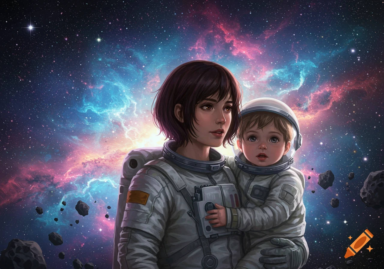 Woman and child in astronaut suits looking at a vibrant nebula in outer space.