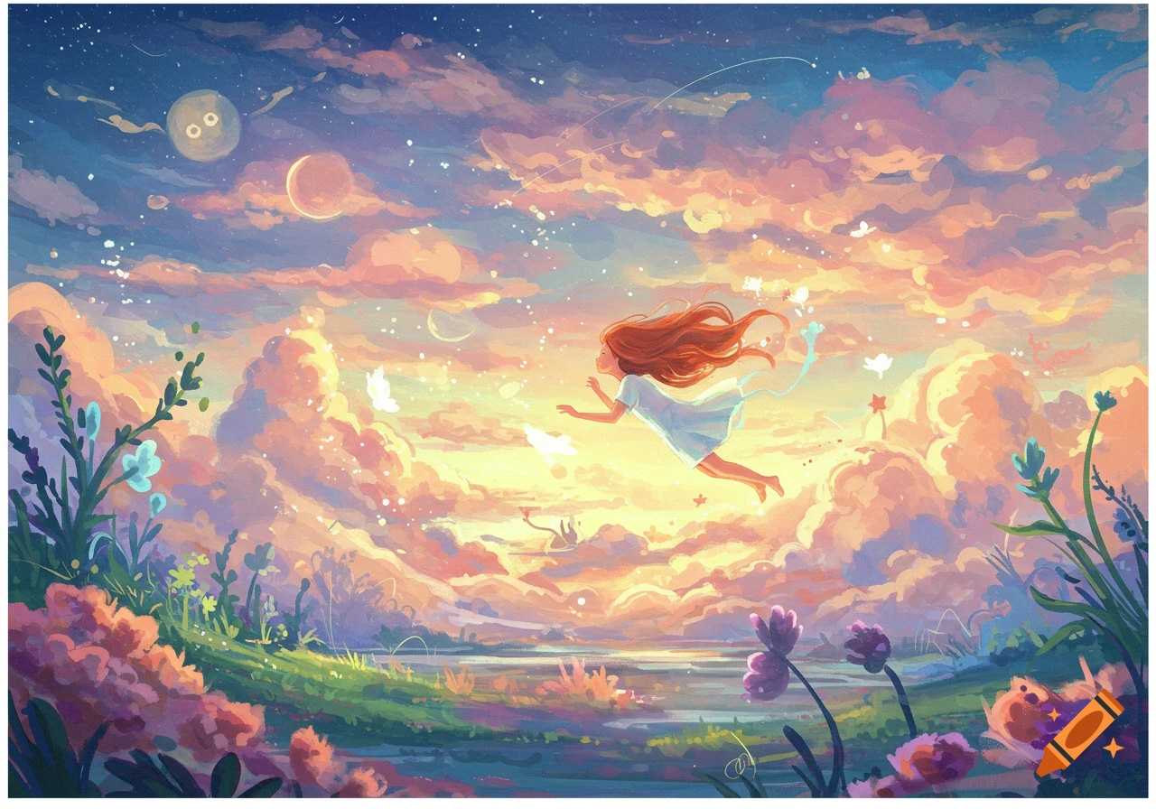 A girl floats among vibrant pink and orange clouds, stars, butterflies, and flowers in a dreamy sky painting.