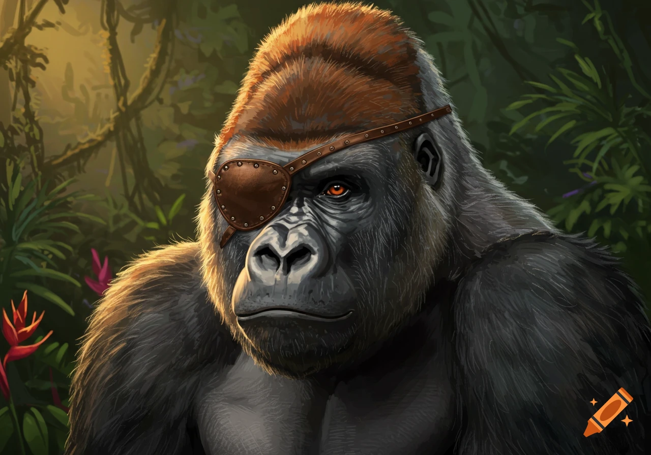 Realistic painting of a gorilla wearing a leather eye patch in a jungle.