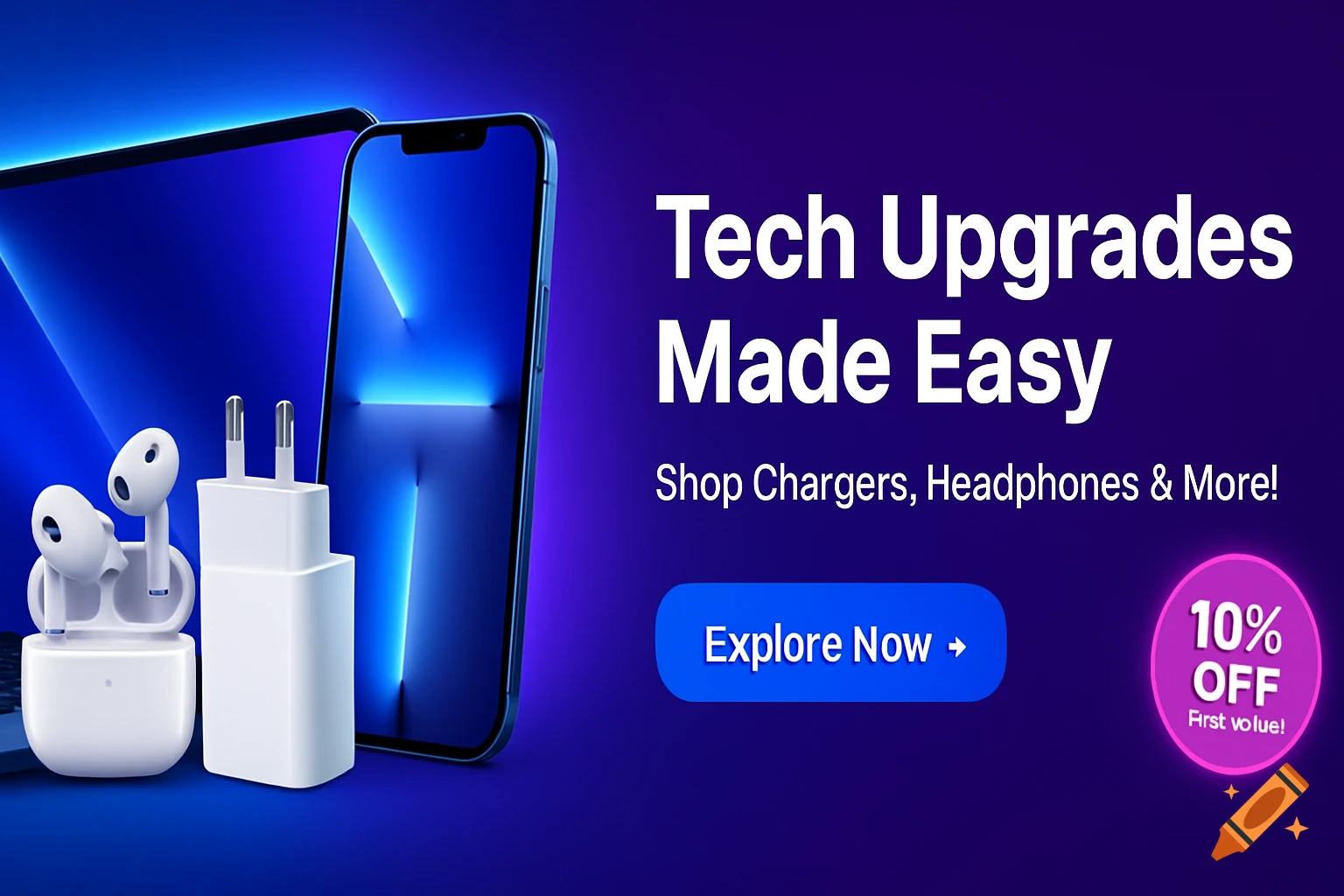 Tech sale banner with laptop, phone, earbuds, charger, and text on a blue/purple background.