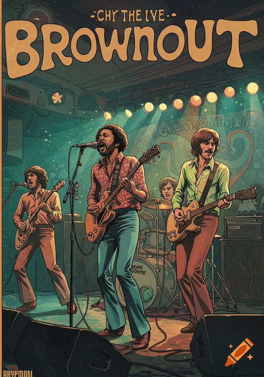 A band performs on stage, depicted in a retro concert poster style.